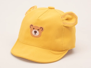 Detail of yellow cotton baby baseball cap with 3D bear ears and cute face embroidery