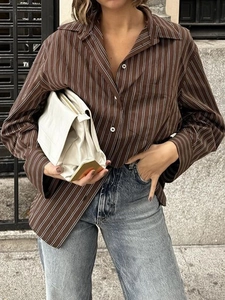 Women Long Sleeve Striped Shirt Polyester Cotton Button Down Polo Collar Casual Streetwear Blouse