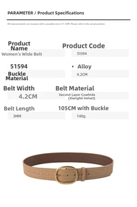 Détails techniques de la ceinture en daim de 4,2 cm avec boucle en alliage et dimensions