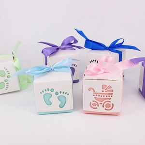Hohl Babyfußabdruck Kinderwagen Bonbonschachtel Mit Band Europäischer Stil Papier Geschenkboxen Für Babyparty Party