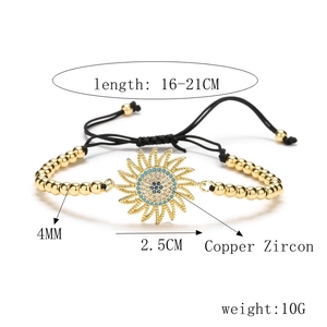 Detail of adjustable braided sunflower bracelet with copper zircon and beads dimensions