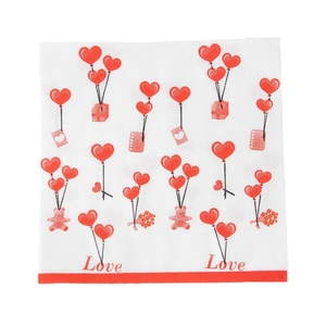 Valentine's Day napkins with red heart balloons, teddy bear, and Love typography on white