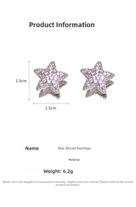 Detail view of silver star zircon ear buckles with dimensions and copper material specs