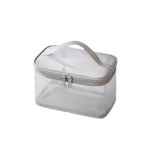 Grey mesh double-layer cosmetic bag with handle and dual zippers on white background