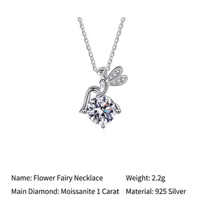Elegant 925 sterling silver fairy angel pendant necklace with 1 carat moissanite gemstone