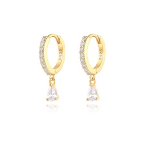 Detailed close-up of S925 sterling silver stamp on gold teardrop pendant earrings