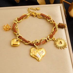 Vintage Gold Plated Stainless Steel Charm Bracelet With Brown Leather Rope Zircon Heart Sun Flower Charms For Women