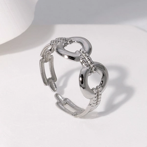 Detailed close-up of adjustable silver titanium steel ring with a geometric chain link design