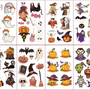Colorful cartoon Halloween temporary tattoos with pumpkins, witches and ghosts for kids