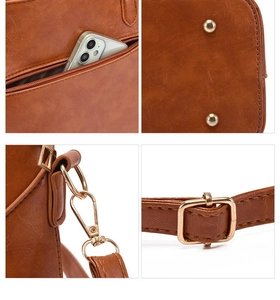 Detailed views of brown faux leather bag with gold hardware, rivets, and adjustable strap