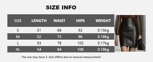 Detailed size chart for high waist PU leather skirt with length, waist and hip measurements