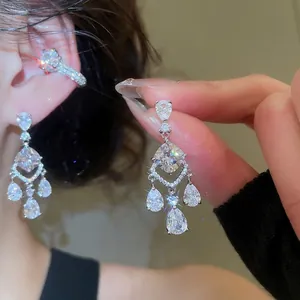 Waterdrop Tassel Dangle Earrings For Women Luxury Rhombus Zircon Jewelry With Silver Earring Post Copper Base