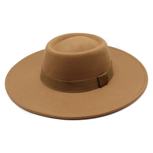 Detailed top view of camel wool fedora hat with flat crown and wide 9.5cm brim