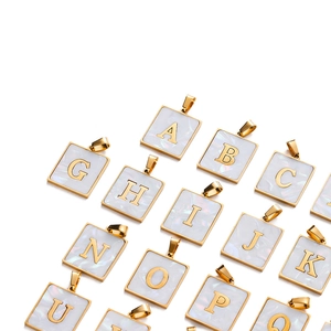 Golden square 22mm alphabet pendants with white mother of pearl inlay for DIY jewelry