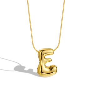 Golden 3D bubble letter E pendant necklace with polished snake chain for women