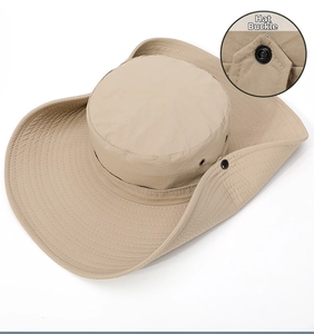 Detalle de sombrero de sol con botones de presión laterales y ojales de ventilación