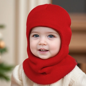 Toddler red knitted balaclava hood scarf providing warm winter protection for kids