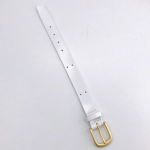 Detail shot of white leather phone wrist strap with golden buckle and adjustable holes