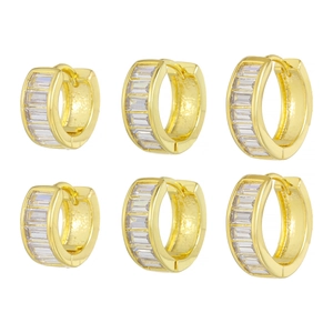 Three pairs of gold-plated baguette zircon hoop earrings in various sizes on white background