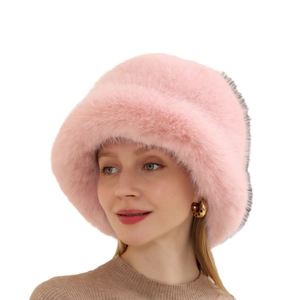 Chapeau bob en fausse fourrure rose pour femmes chaud hiver élégant bonnet en peluche