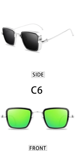 Detailed front and side views of silver square metal sunglasses with C6 green lenses