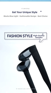 Detailed close-up of wide black temples with parallel groove texture and blue light blocking