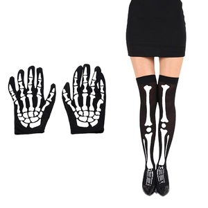 Detail of Halloween skeleton print gloves and thigh high stockings set in black and white
