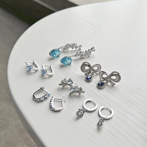 S925 sterling silver earrings set with blue water-drop zircon heart studs in silver finish