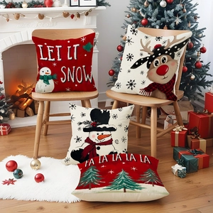Set of 4 Christmas linen pillow covers with reindeer and snow patterns for sofa decor