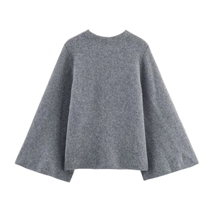 Veste cape courte en laine grise pour femmes avec vue arrière et coupe décontractée