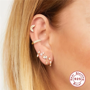 S925 sterling silver geometric stud and ear cuff set with pavé cubic zirconia