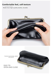 Close-up showing the soft leather texture and brass metal clasp of this black clutch bag