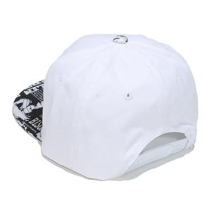 Detail of white cotton flat brim cap with black graffiti print and plastic snapback closure