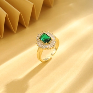 Copper Gold Plated Emerald Green Zircon Open Ring Baguette Cubic Zirconia Adjustable Vintage Luxury Jewelry For Women