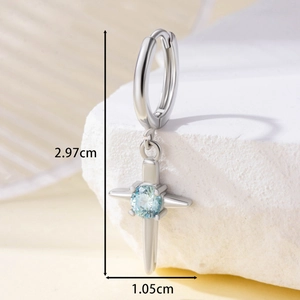 Silver cross drop earrings with blue zircon stone, 2.97cm length on white stone