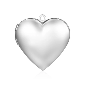 Close-up of polished silver heart-shaped stainless steel locket pendant with hinge detail