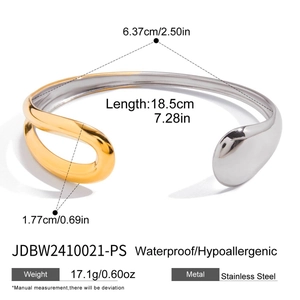 Detailed view of dual-tone 18K stainless steel cuff bangle with measurements and specs