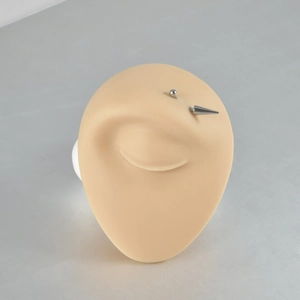 Macro shot of a stainless steel eyebrow piercing with ball and cone tips on a silicone model
