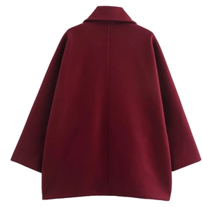 Back view of a burgundy longline wool coat featuring a turn-down collar and loose silhouette
