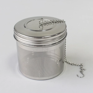Detailed view of SUS 304 stainless steel tea infuser mesh with chain and hook attachment
