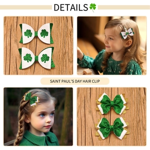Detail of St. Patrick's Day glitter clover bow clips and unicorn hair accessories