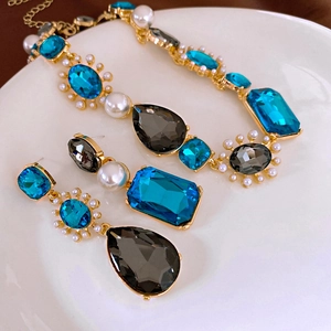 Parure Collier Et Boucles D'oreilles Vintage Strass Bleu Goutte Künstliche Perle Imitation Tige Argent Sterling 925 Style Français