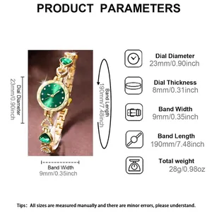 Women's gold quartz watch with green heart gemstones and detailed size specifications