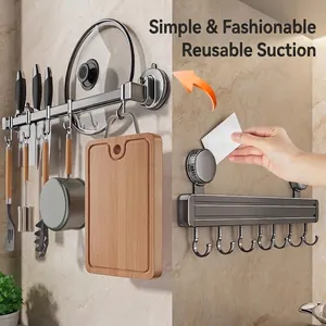 Multipurpose kitchen utensil rack with suction cups and movable metal hooks