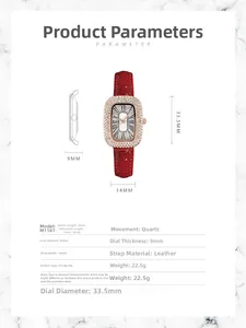 Detailed view of red leather strap watch with rhinestone bezel and product parameters