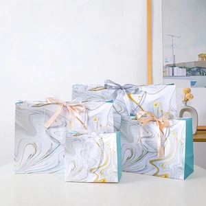 Marble Pattern Paper Gift Bag With Ribbon Bow And Handle Elegant Cardboard Packaging For Birthday Wedding Party