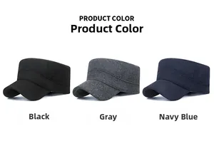 Wool blend flat top military hats shown in black, dark gray and navy blue colors