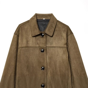 Front view of brown faux suede jacket with classic lapel and black button details