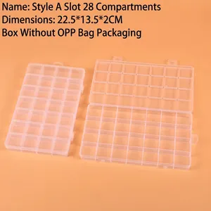 Detailed macro view of 28-grid transparent PP plastic organizer box sized 22.5x13.5x2cm