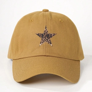 Khaki baseball cap with leopard print star logo on premium cotton twill fabric